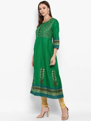 Womens Green Cotton Block Printed Anarkali 3