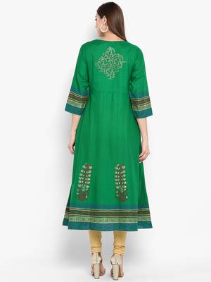 Womens Green Cotton Block Printed Anarkali 4