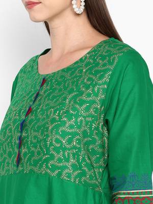 Womens Green Cotton Block Printed Anarkali 5