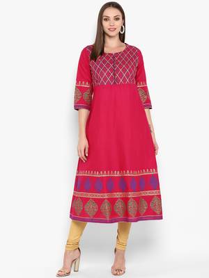 Womens Pink Cotton Block Printed Anarkali 1