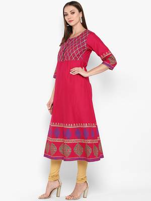 Womens Pink Cotton Block Printed Anarkali 3