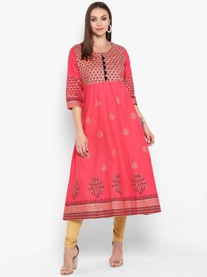 Womens Red Cotton Block Printed Anarkali 1
