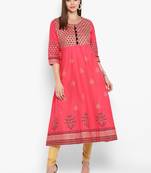 Womens Red Cotton Block Printed Anarkali