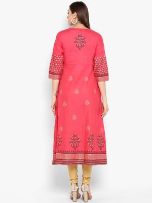 Womens Red Cotton Block Printed Anarkali 4