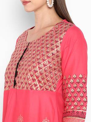 Womens Red Cotton Block Printed Anarkali 5