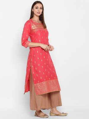 Womens Red Cotton Block Printed Kurta 2