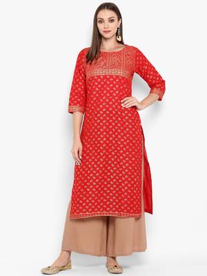 Womens Red Cotton Block Printed Kurta 1