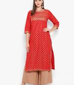 Womens Red Cotton Block Printed Kurta
