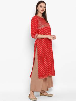 Womens Red Cotton Block Printed Kurta 2