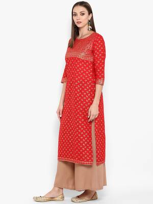 Womens Red Cotton Block Printed Kurta 3