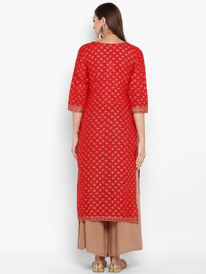 Womens Red Cotton Block Printed Kurta 4
