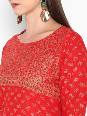 Womens Red Cotton Block Printed Kurta 5