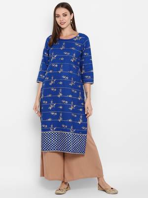 Womens Blue Cotton Block Printed Kurta 1