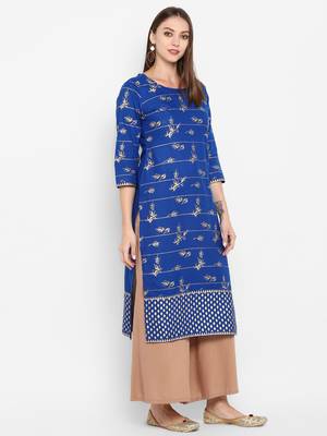 Womens Blue Cotton Block Printed Kurta 2