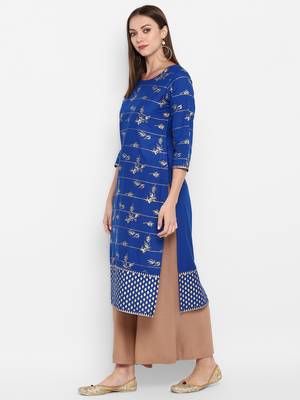 Womens Blue Cotton Block Printed Kurta 3