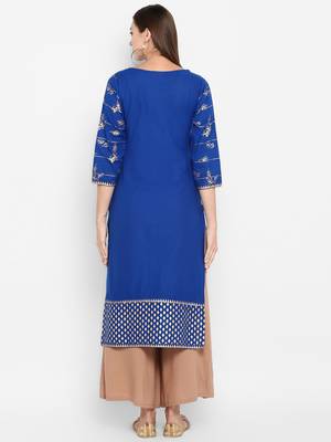 Womens Blue Cotton Block Printed Kurta 4