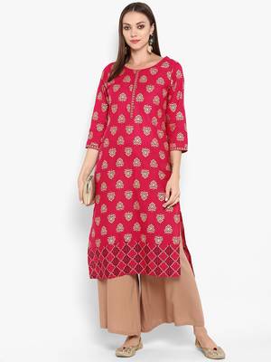 Womens Pink Cotton Block Printed Kurta 1