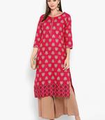 Womens Pink Cotton Block Printed Kurta
