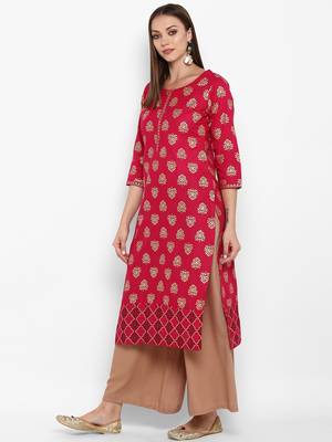 Womens Pink Cotton Block Printed Kurta 3