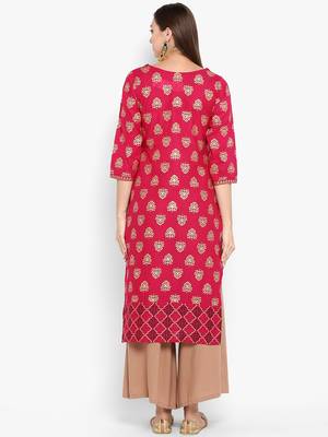 Womens Pink Cotton Block Printed Kurta 4