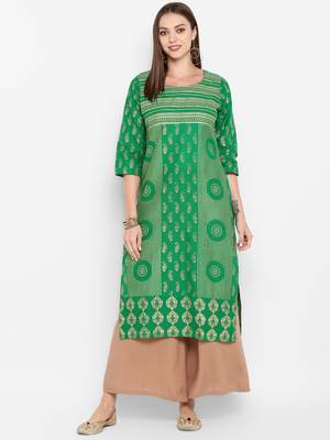 Womens Green Cotton Block Printed Kurta 1