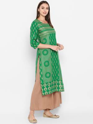 Womens Green Cotton Block Printed Kurta 2