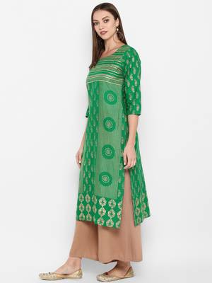Womens Green Cotton Block Printed Kurta 3