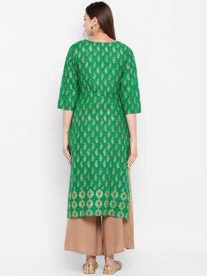 Womens Green Cotton Block Printed Kurta 4