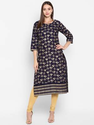 Womens Navy Blue Cotton Block Printed Kurta 1