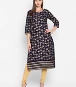 Womens Navy Blue Cotton Block Printed Kurta