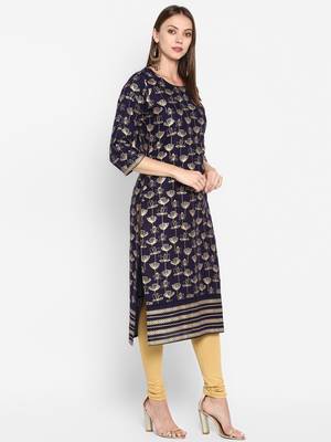 Womens Navy Blue Cotton Block Printed Kurta 2