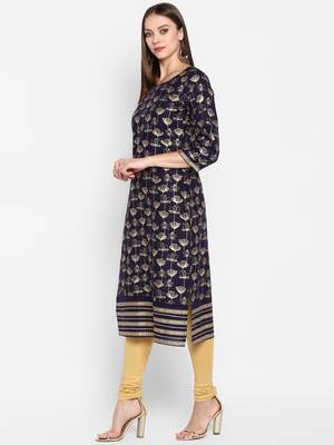 Womens Navy Blue Cotton Block Printed Kurta 3