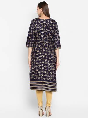 Womens Navy Blue Cotton Block Printed Kurta 4