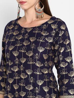 Womens Navy Blue Cotton Block Printed Kurta 5