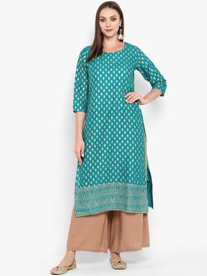 Womens Green Cotton Block Printed Kurta 1