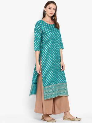 Womens Green Cotton Block Printed Kurta 2