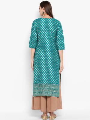 Womens Green Cotton Block Printed Kurta 4