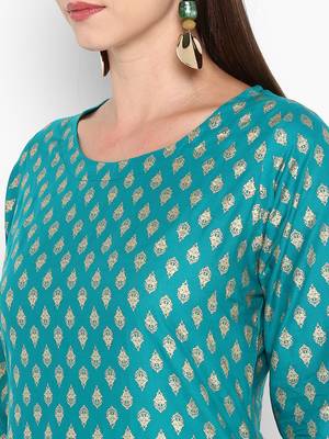Womens Green Cotton Block Printed Kurta 5