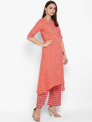 womens Red Cotton Printed Kurta 2