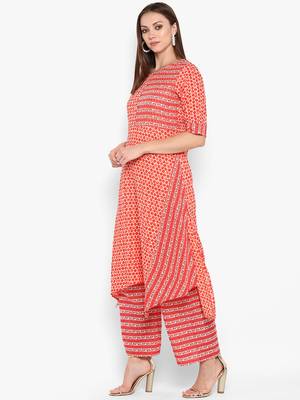 womens Red Cotton Printed Kurta 3