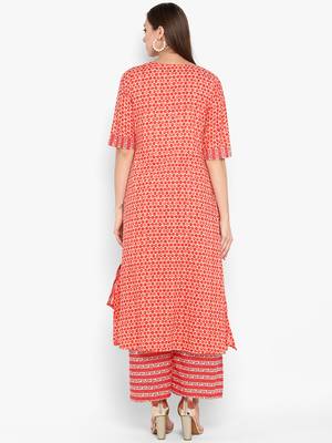 womens Red Cotton Printed Kurta 4