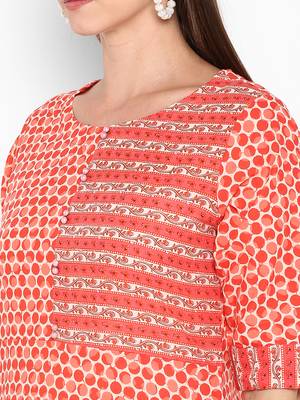 womens Red Cotton Printed Kurta 5