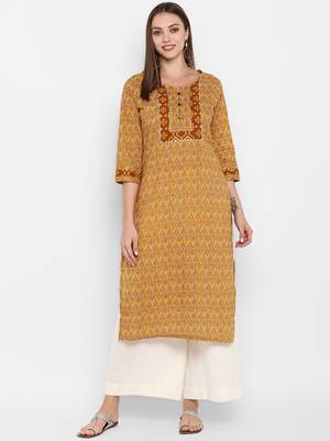 womens Yellow Cotton Printed Kurta 1