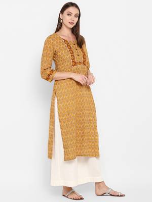 womens Yellow Cotton Printed Kurta 2