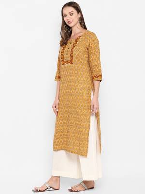 womens Yellow Cotton Printed Kurta 3