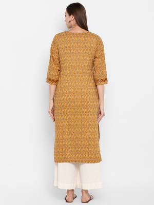 womens Yellow Cotton Printed Kurta 4