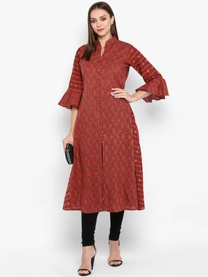 womens Maroon Cotton Printed Anarkali 1