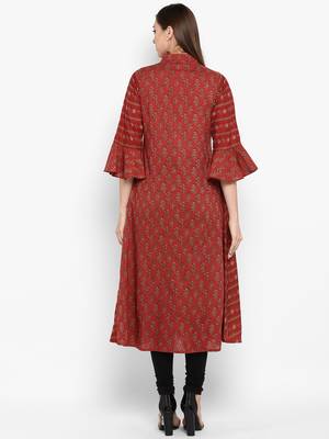 womens Maroon Cotton Printed Anarkali 4