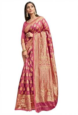 Pink woven jacquard saree with blouse 1