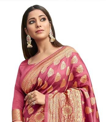 Pink woven jacquard saree with blouse 2